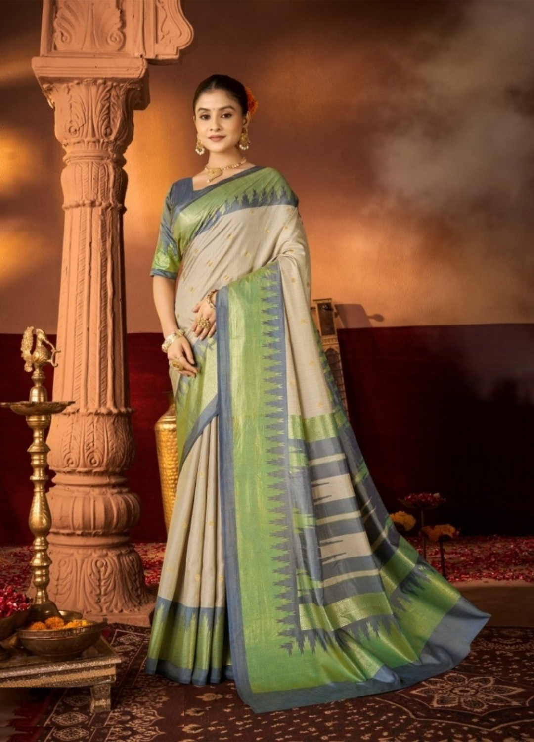 Women Grey And Green Silk Soft Silk Saree