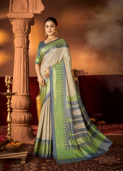 Women Grey And Green Silk Soft Silk Saree