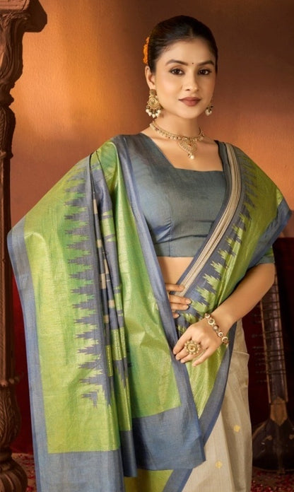 Women Grey And Green Silk Soft Silk Saree