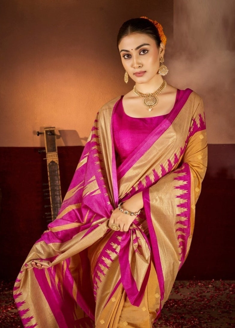 Women Orange And Pink Silk Soft Silk Saree
