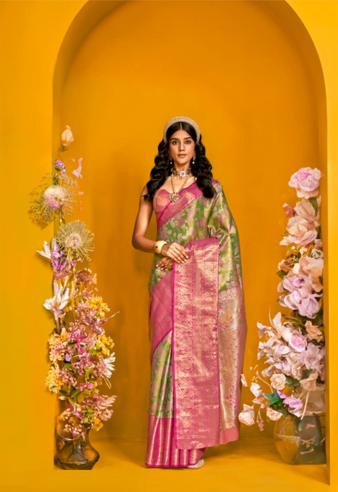 Women Pink And Green Silk Traditional Saree