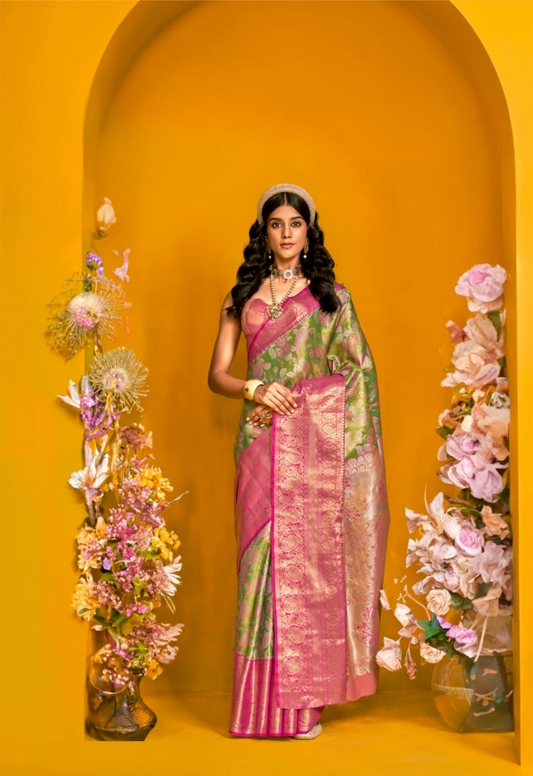 Women Pink And Green Silk Traditional Saree