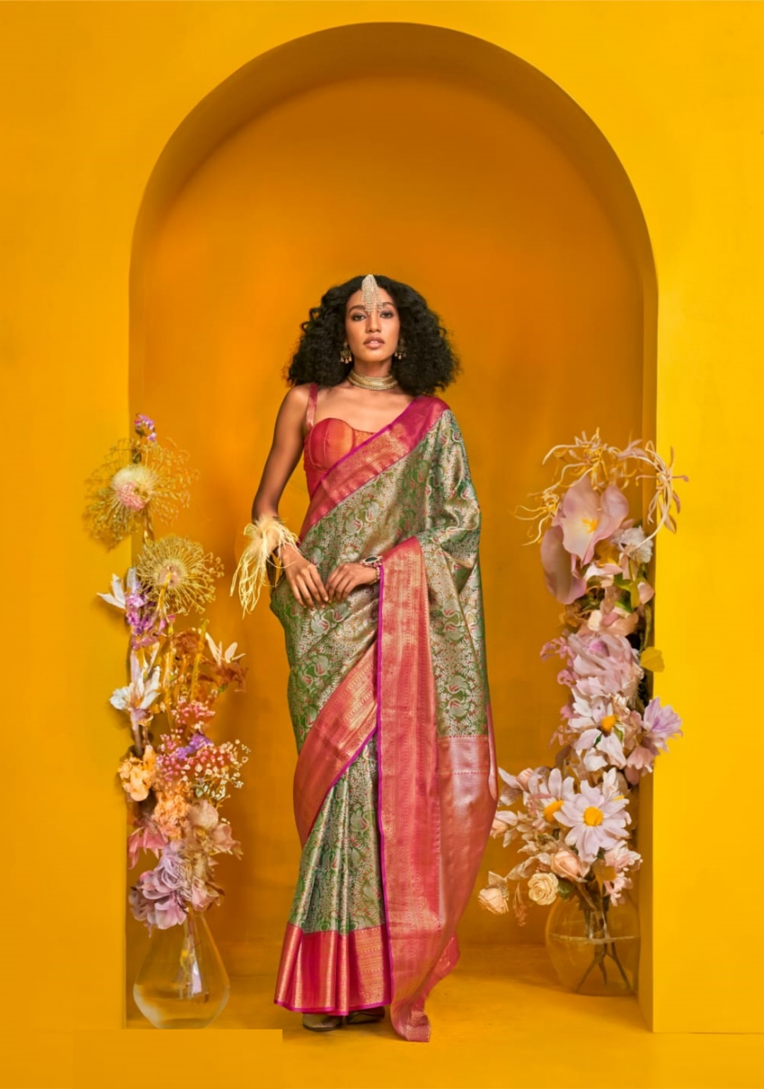 Women Dark Pink And Green Silk Traditional Saree