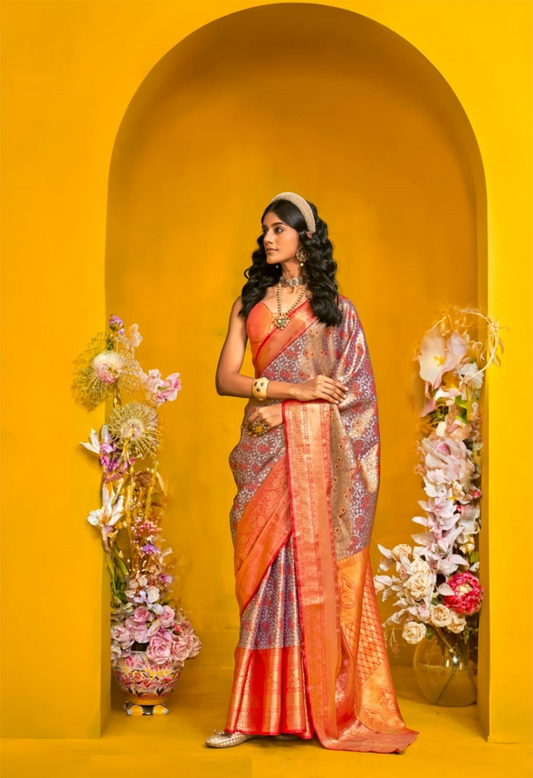 Women Red And Purple Silk Traditional Saree