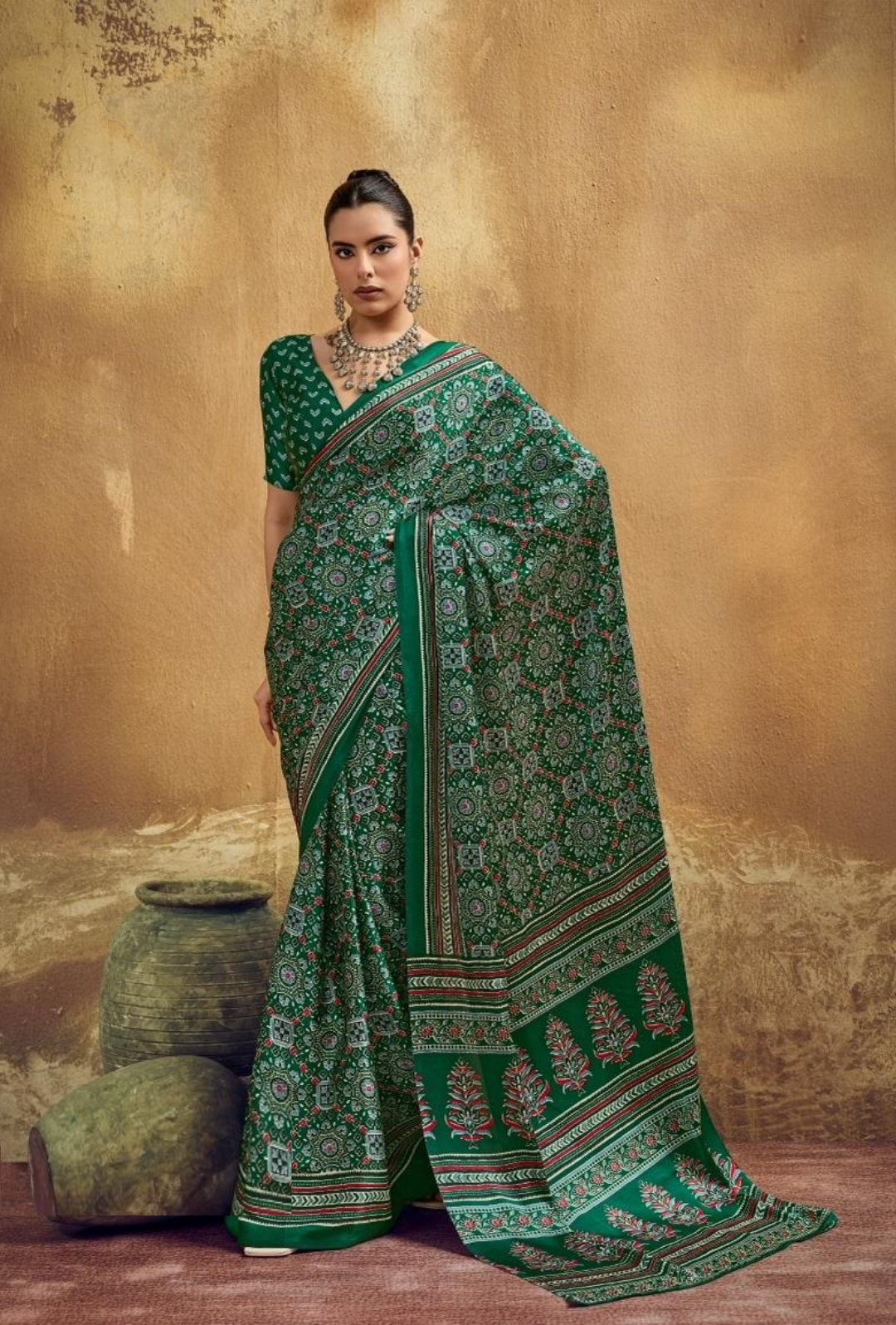 Women Dark Green Satin Ajrakh Print Traditional Saree
