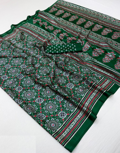 Women Dark Green Satin Ajrakh Print Traditional Saree