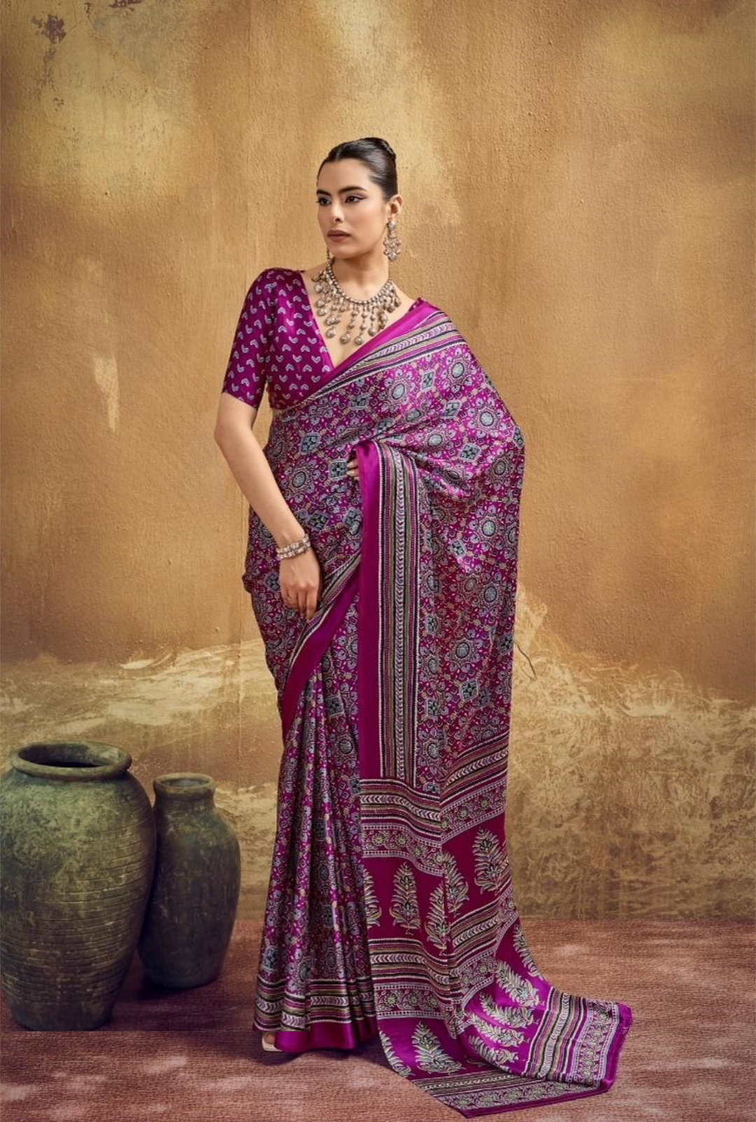 Women Purple Satin Ajrakh Print Traditional Saree