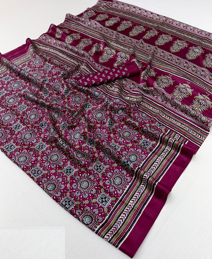 Women Purple Satin Ajrakh Print Traditional Saree