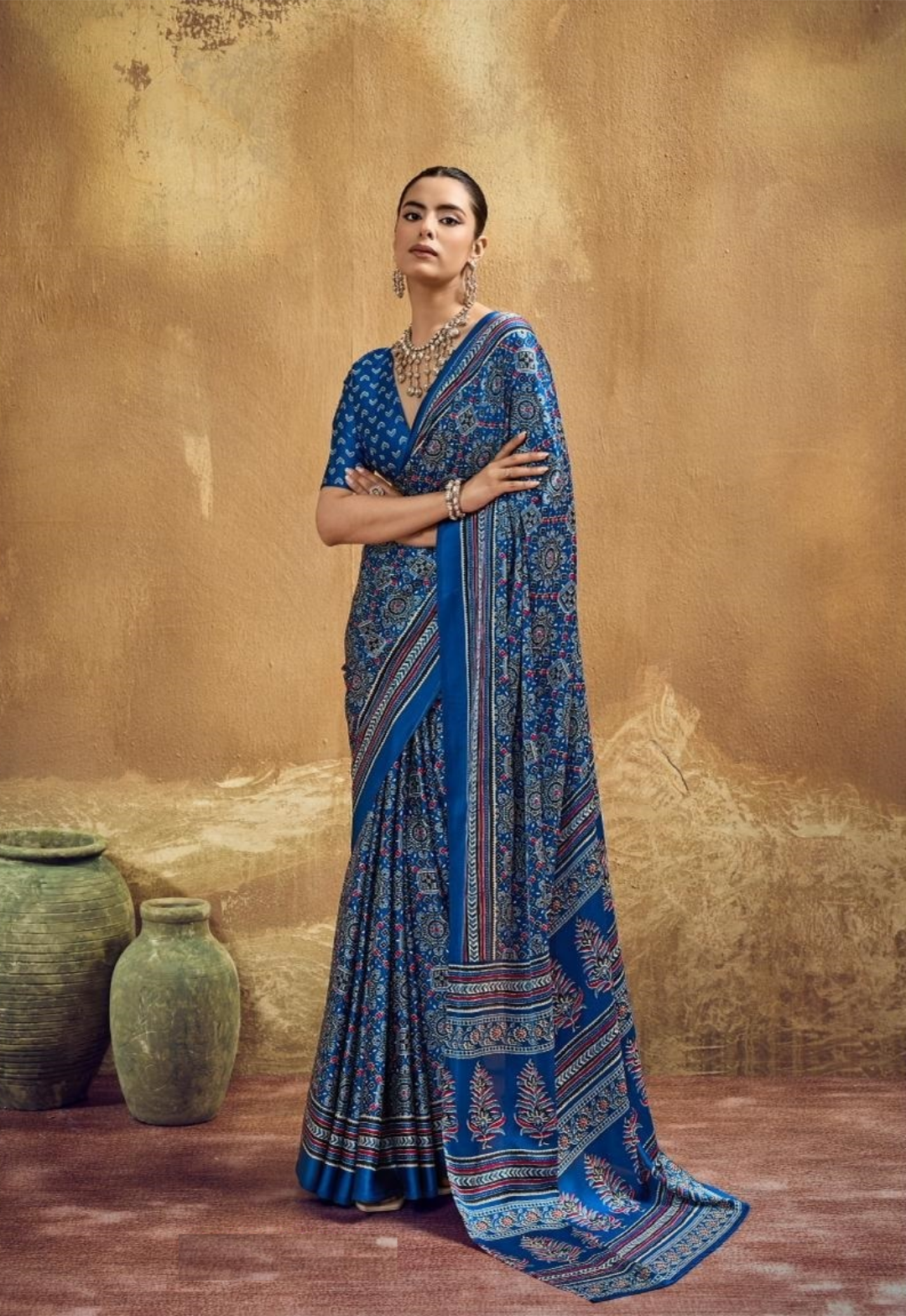 Women Royal Blue Satin Ajrakh Print Traditional Saree