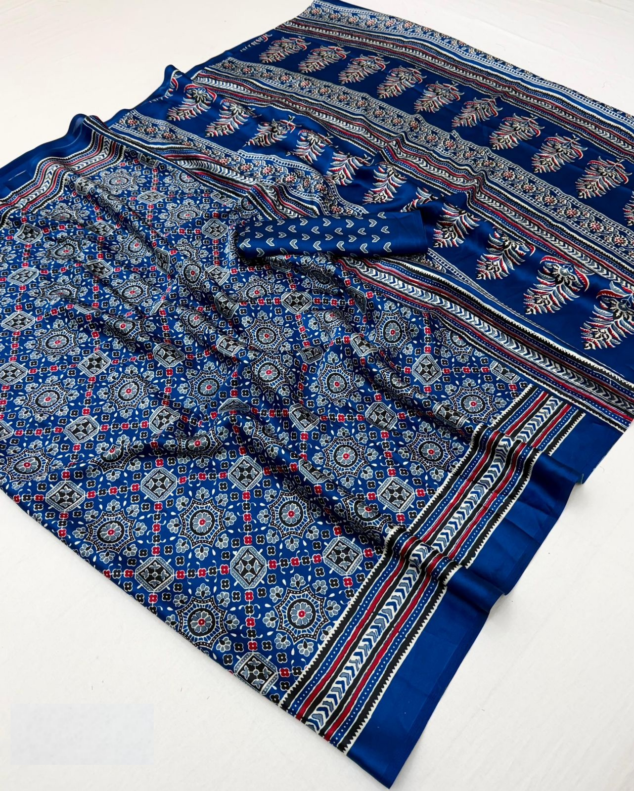 Women Royal Blue Satin Ajrakh Print Traditional Saree