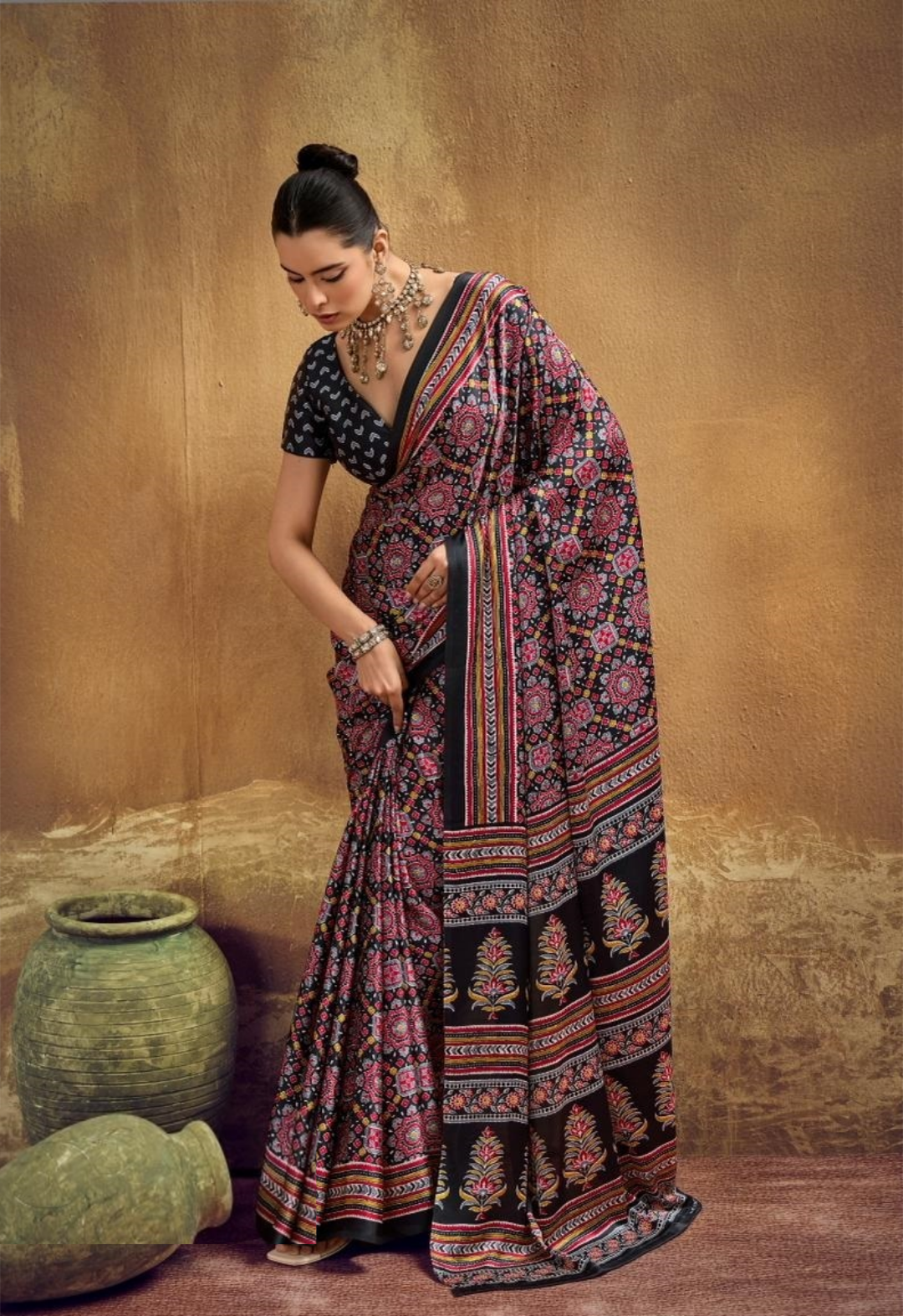 Women Black Satin Ajrakh Print Traditional Saree