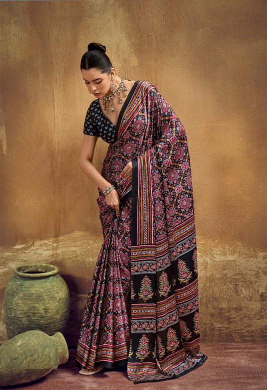 Women Black Satin Ajrakh Print Traditional Saree
