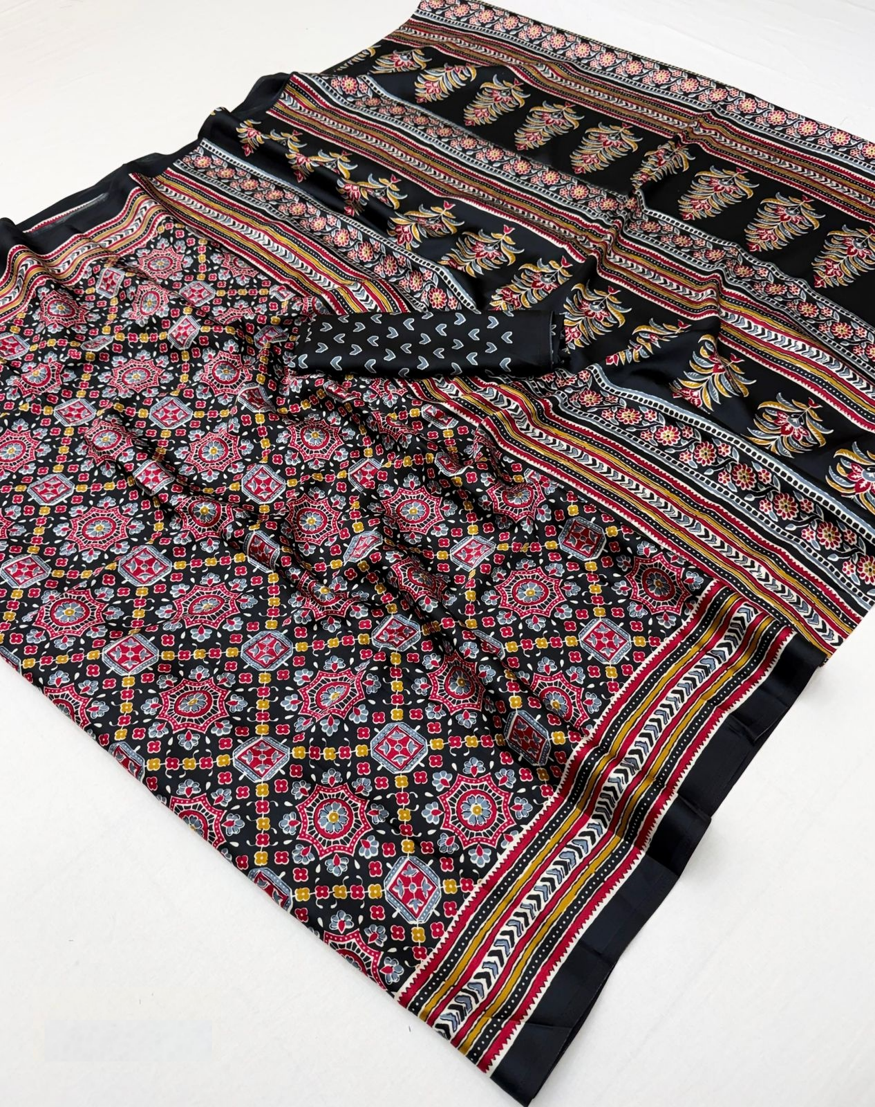 Women Black Satin Ajrakh Print Traditional Saree