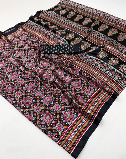 Women Black Satin Ajrakh Print Traditional Saree