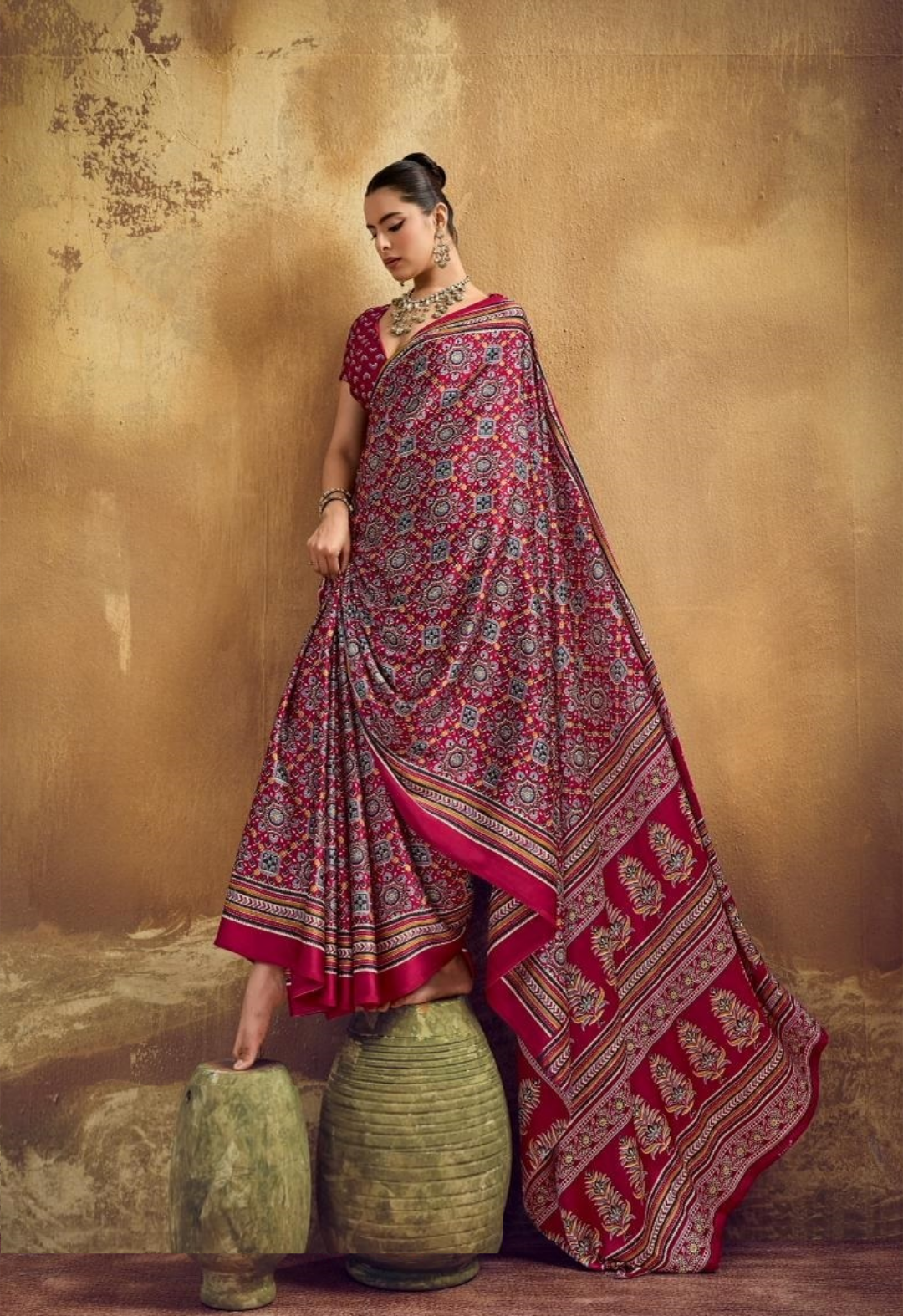 Women Maroon Satin Ajrakh Print Traditional Saree