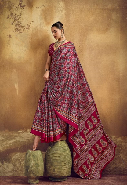 Women Maroon Satin Ajrakh Print Traditional Saree