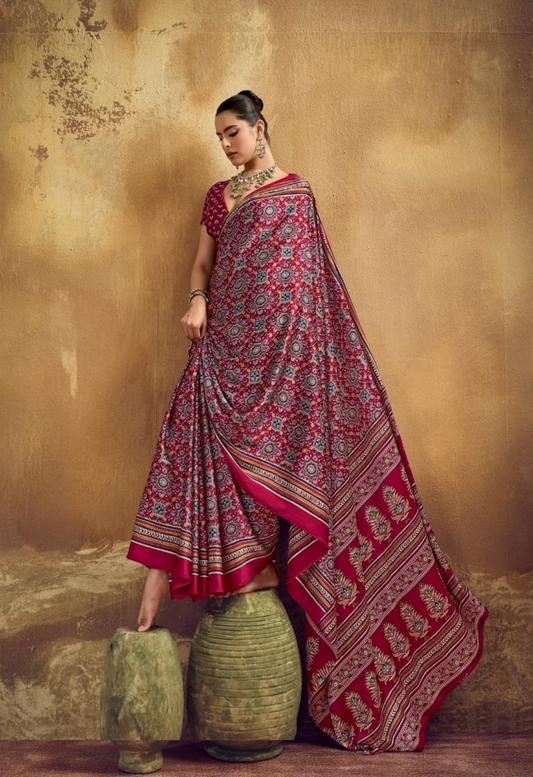 Women Maroon Satin Ajrakh Print Traditional Saree