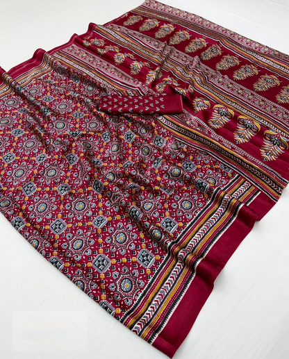 Women Maroon Satin Ajrakh Print Traditional Saree