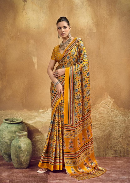 Women Mustard Satin Ajrakh Print Traditional Saree