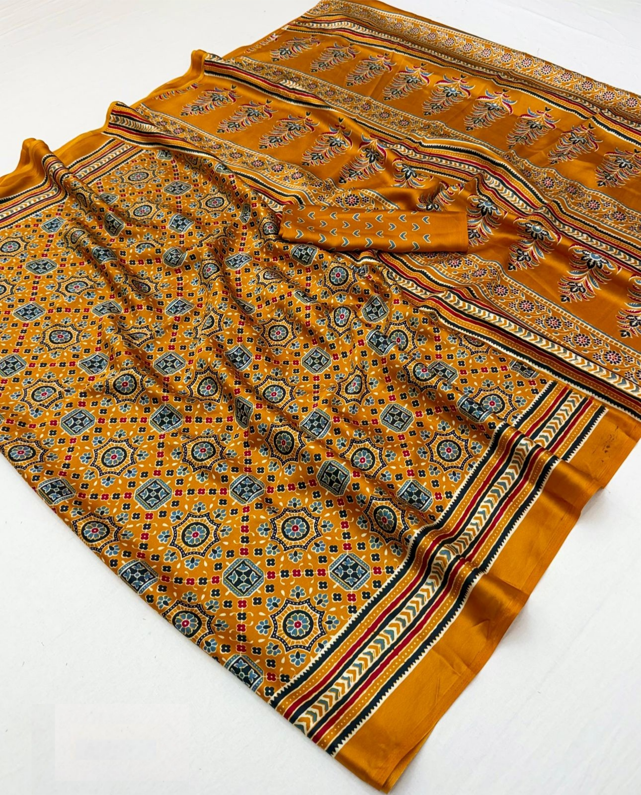 Women Mustard Satin Ajrakh Print Traditional Saree