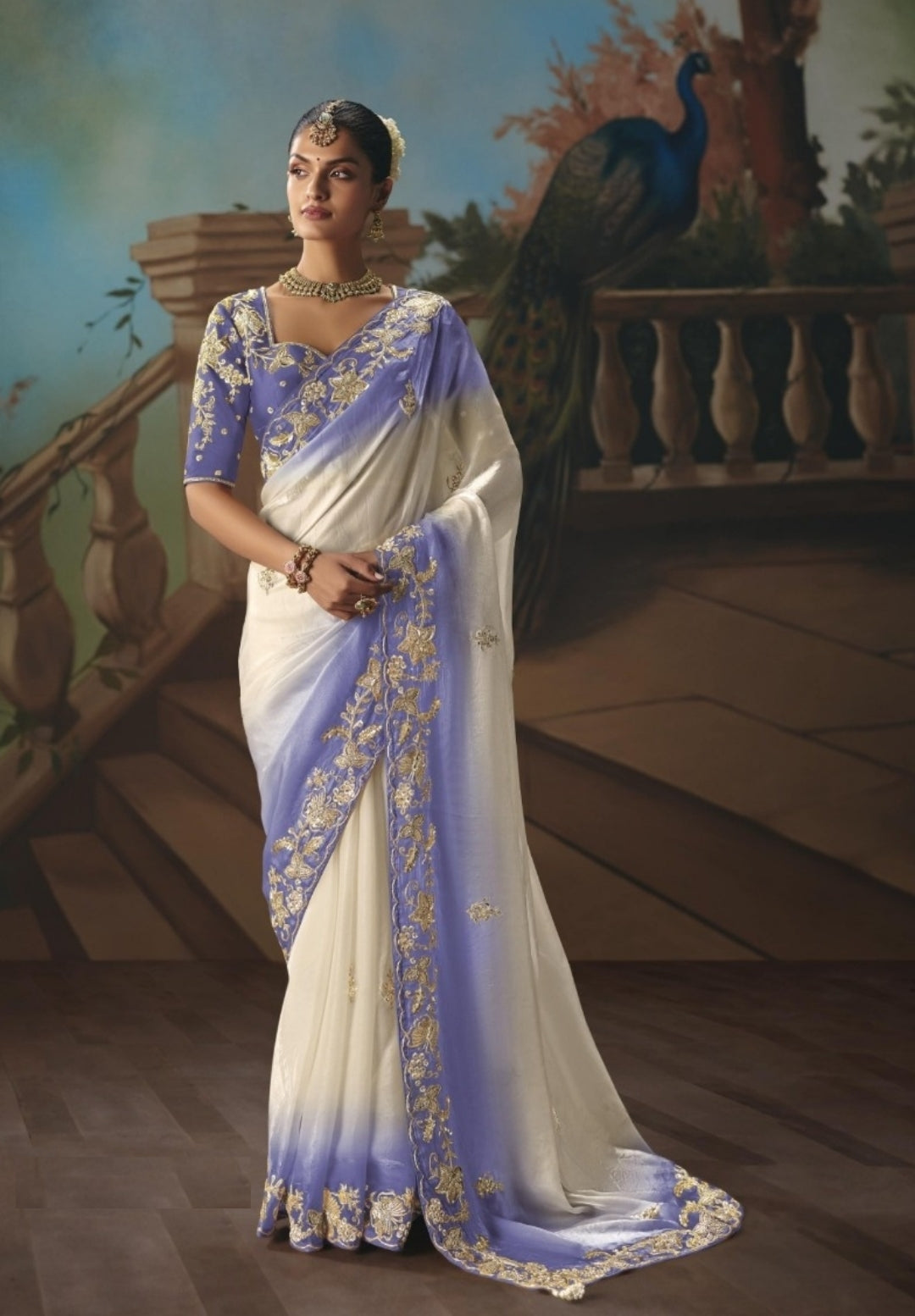 Elegant Purple And White Tissue Silk Embroidery Saree