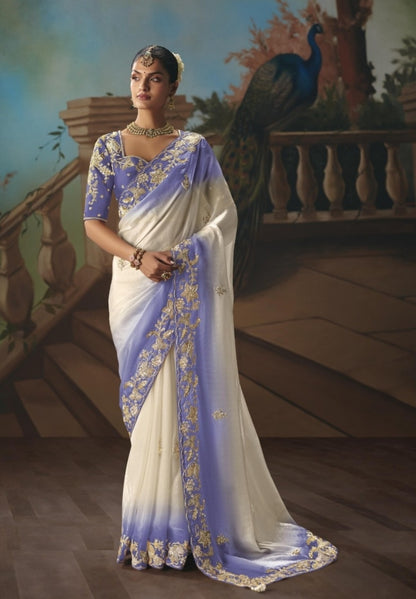 Elegant Purple And White Tissue Silk Embroidery Saree