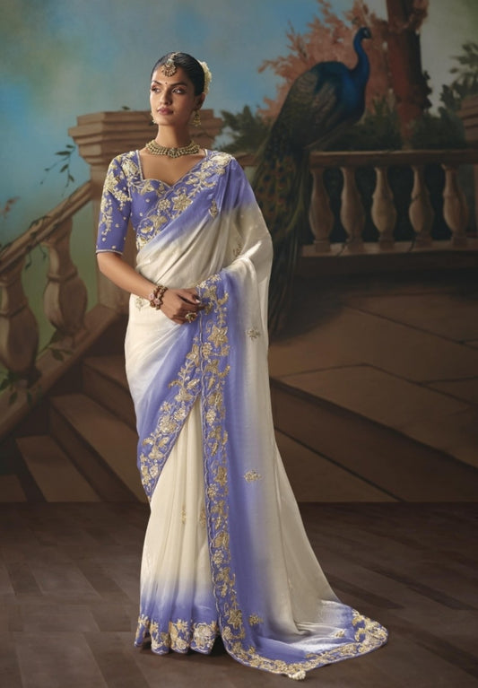 Elegant Purple And White Tissue Silk Embroidery Saree