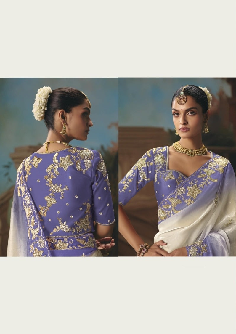 Elegant Purple And White Tissue Silk Embroidery Saree