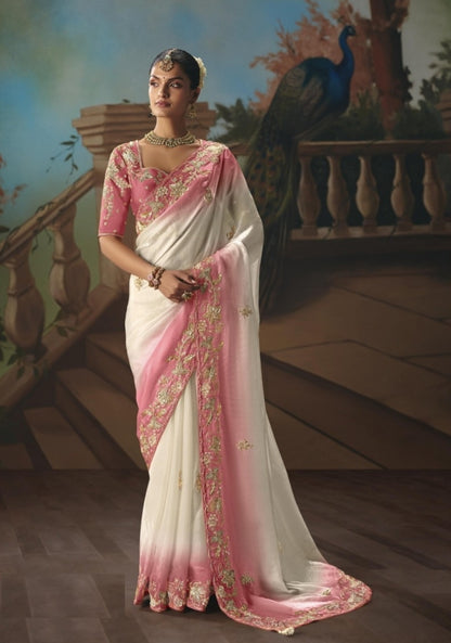 Timeless Pink And White Tissue Silk Embroidery Saree