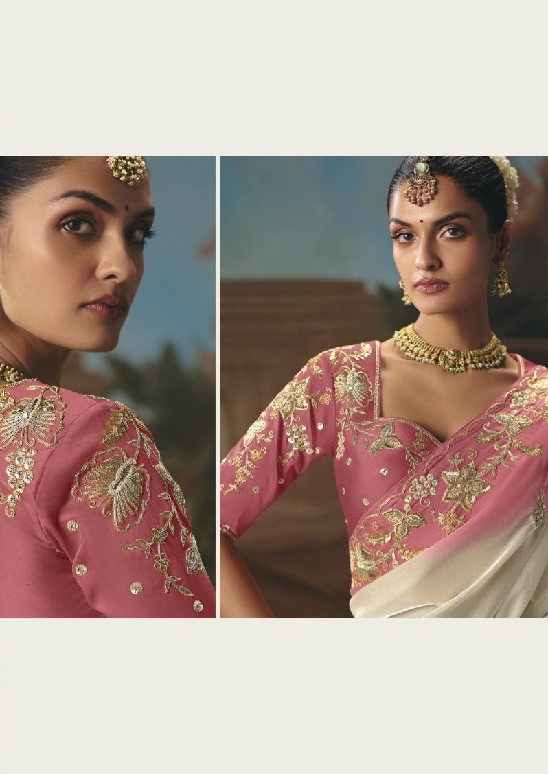 Timeless Pink And White Tissue Silk Embroidery Saree