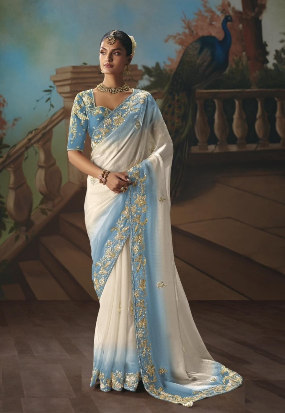 Sophisticated Blue And White Tissue Silk Embroidery Saree