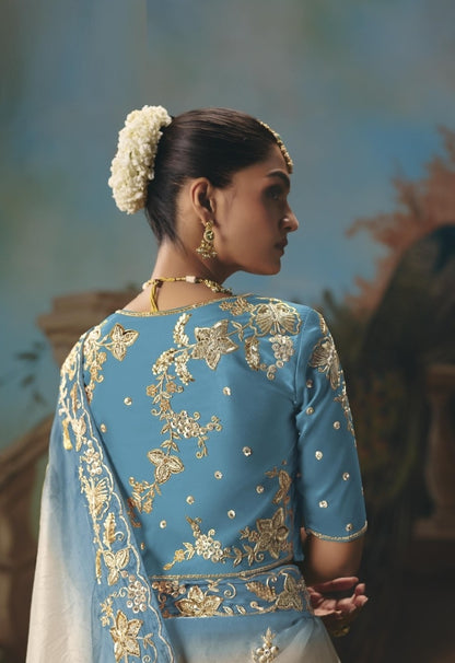 Sophisticated Blue And White Tissue Silk Embroidery Saree