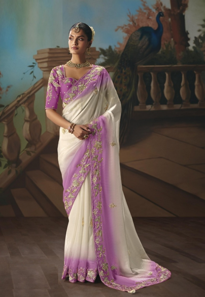 Luxurious Lilac And White Tissue Silk Embroidery Saree