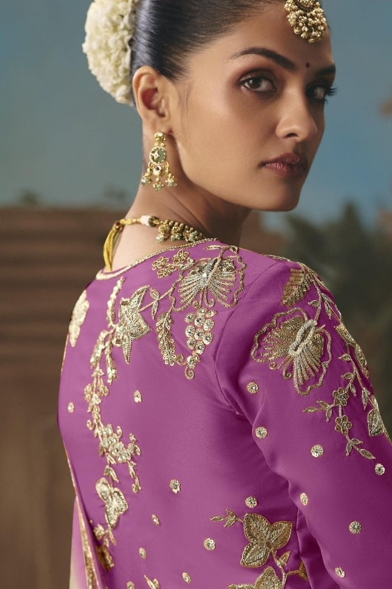 Luxurious Lilac And White Tissue Silk Embroidery Saree