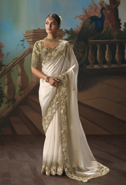 Refined Grey And White Tissue Silk Embroidery Saree