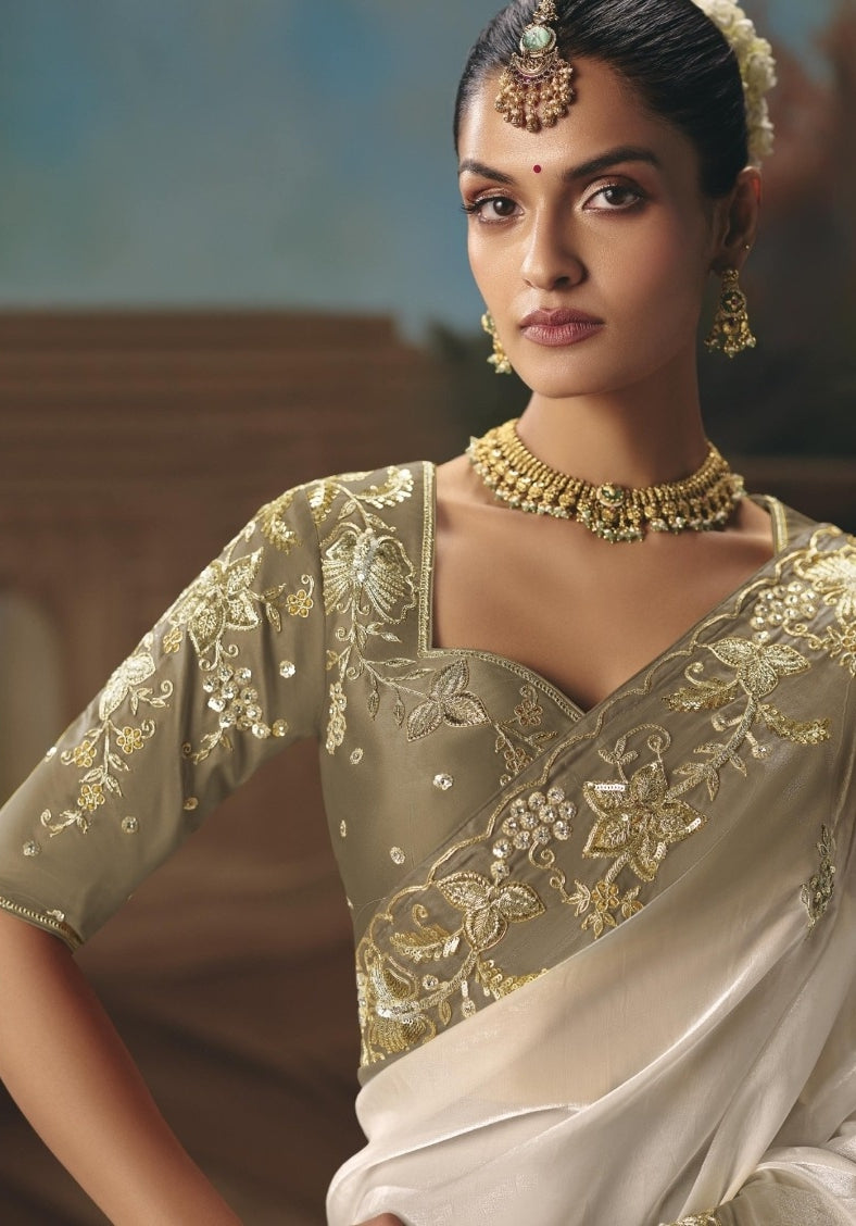 Refined Grey And White Tissue Silk Embroidery Saree