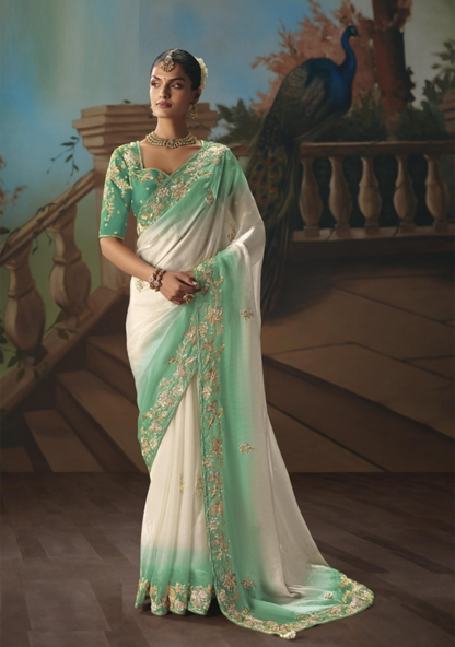 Tailored Sea Green And White Tissue Silk Embroidery Saree