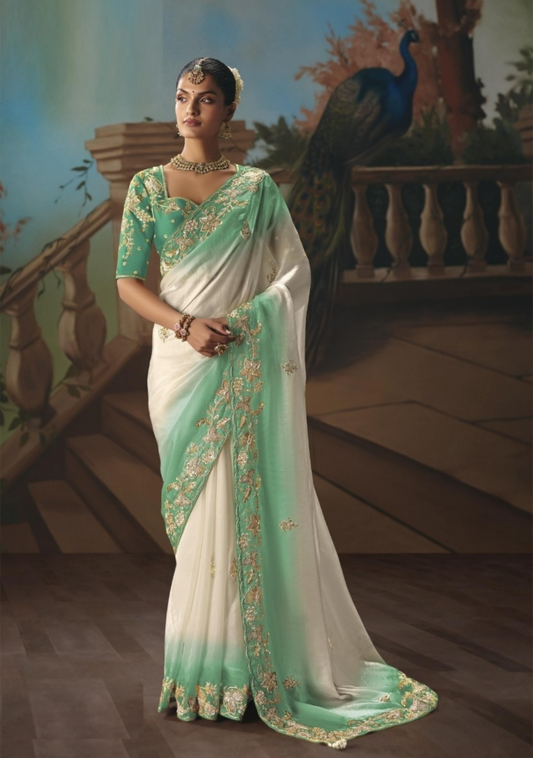 Tailored Sea Green And White Tissue Silk Embroidery Saree