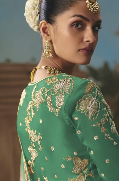 Tailored Sea Green And White Tissue Silk Embroidery Saree