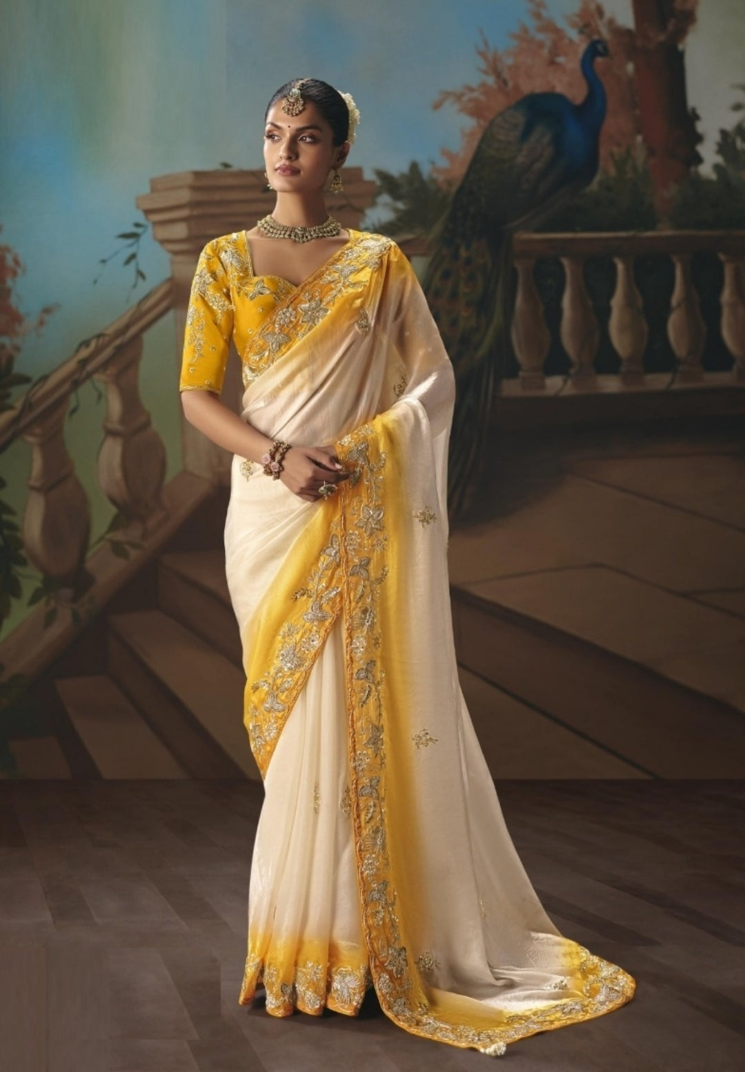 Chic Yellow And White Tissue Silk Embroidery Saree