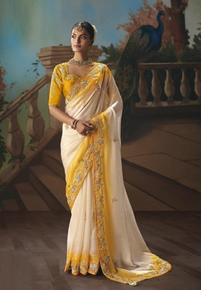 Chic Yellow And White Tissue Silk Embroidery Saree
