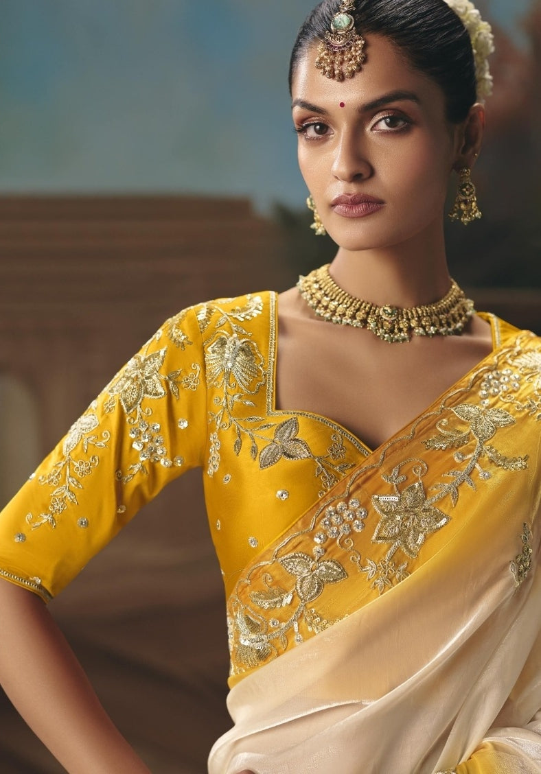 Chic Yellow And White Tissue Silk Embroidery Saree