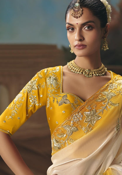 Chic Yellow And White Tissue Silk Embroidery Saree