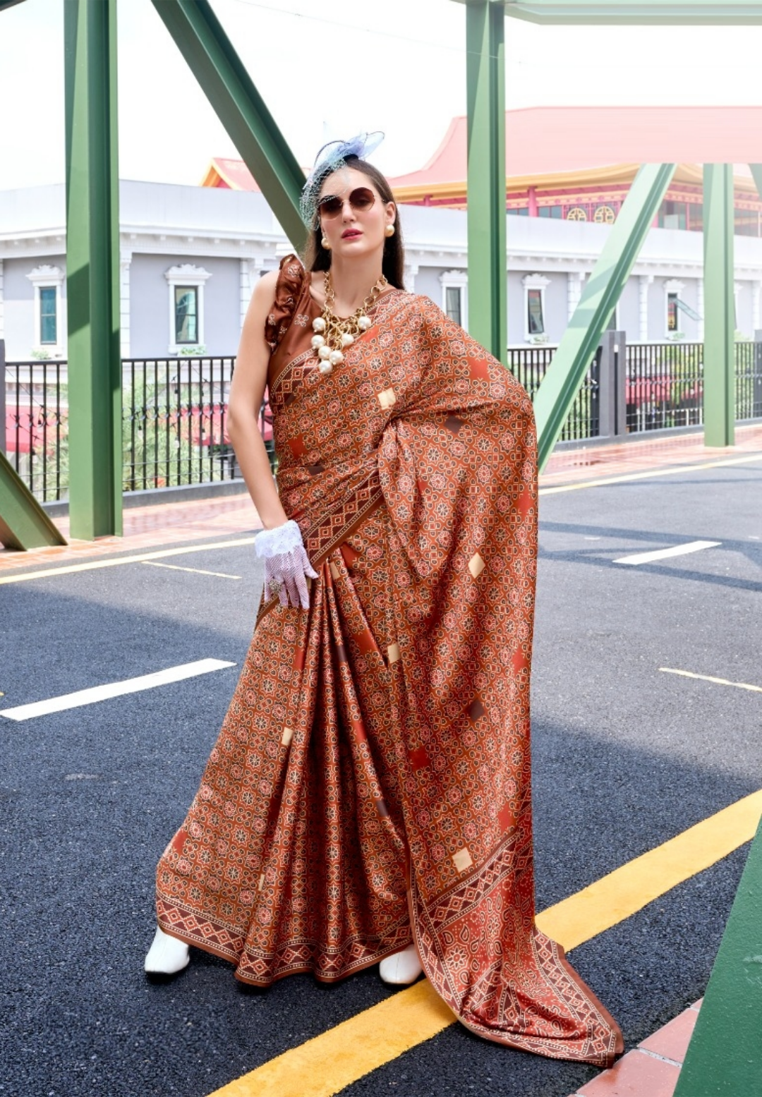 Women Rust Satin Silk Desi Saree