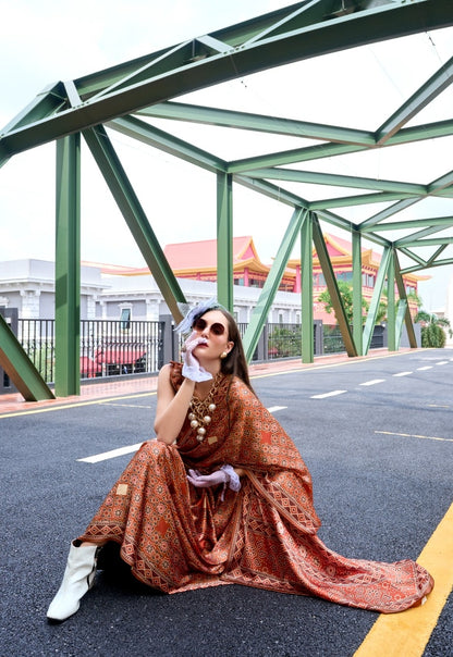 Women Rust Satin Silk Desi Saree