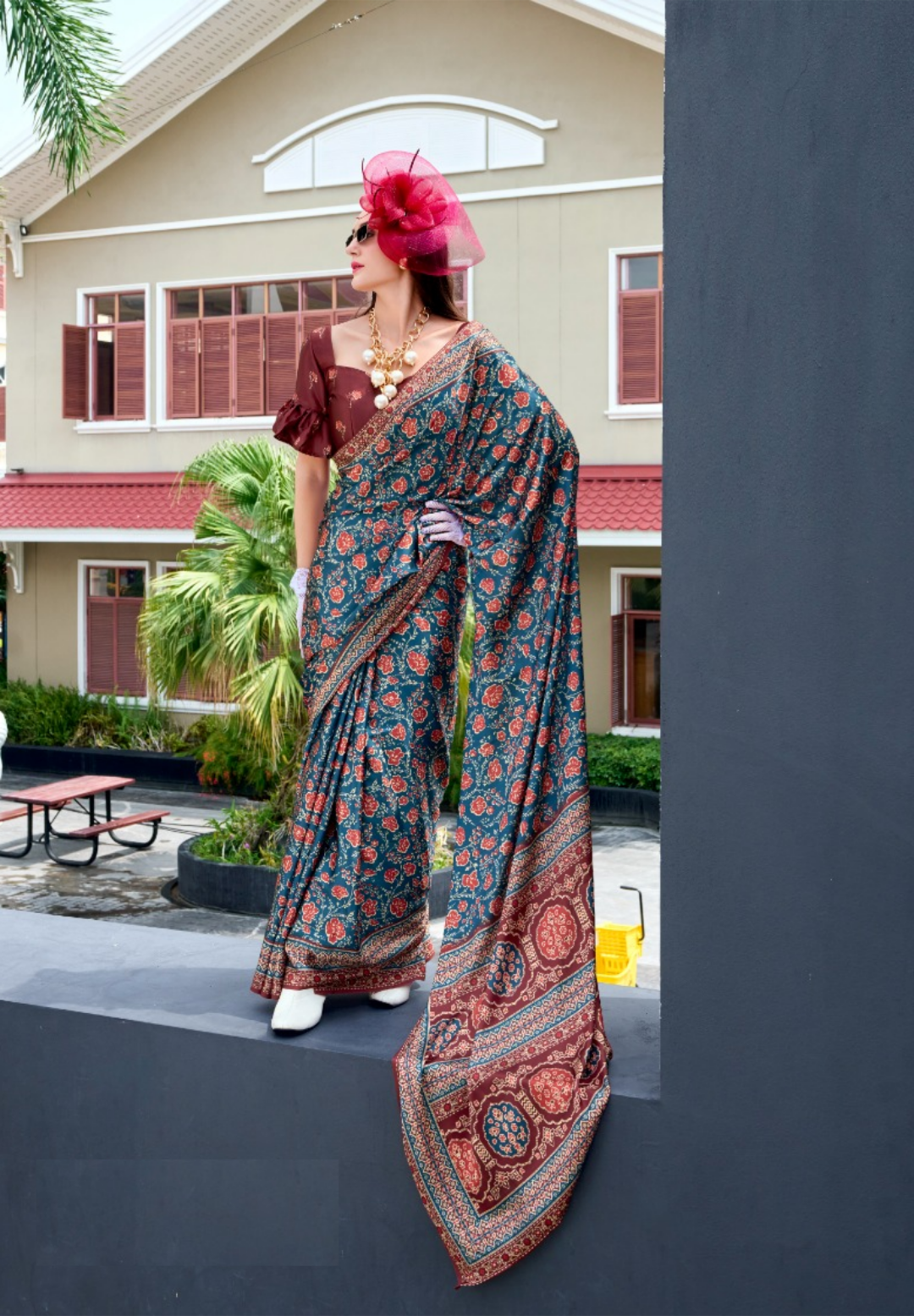 Women Teal Satin Silk Desi Saree