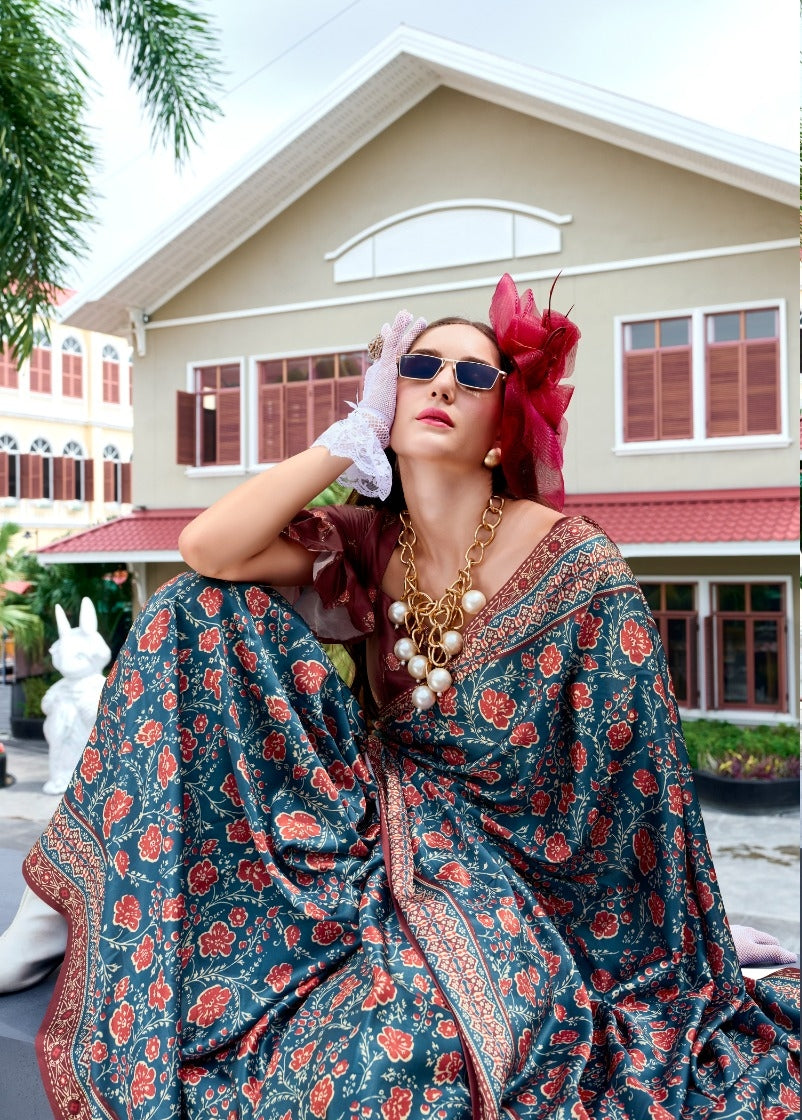 Women Teal Satin Silk Desi Saree