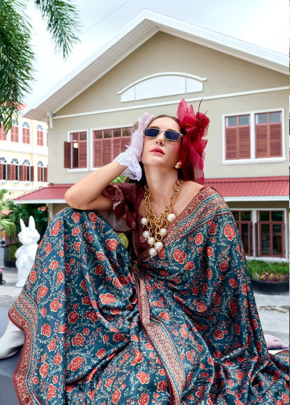 Women Teal Satin Silk Desi Saree