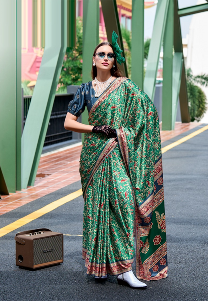 Women Green Satin Silk Desi Saree