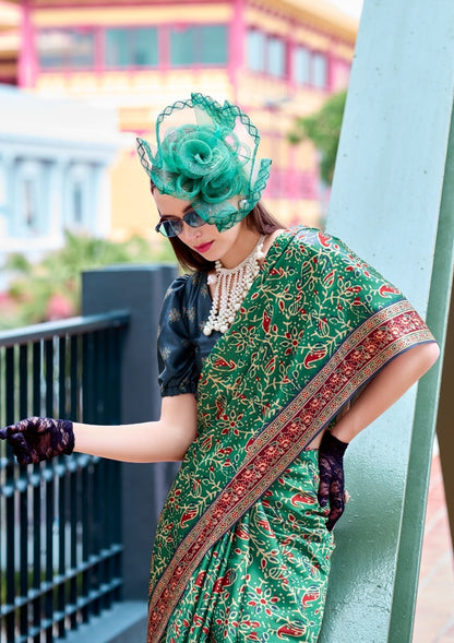 Women Green Satin Silk Desi Saree